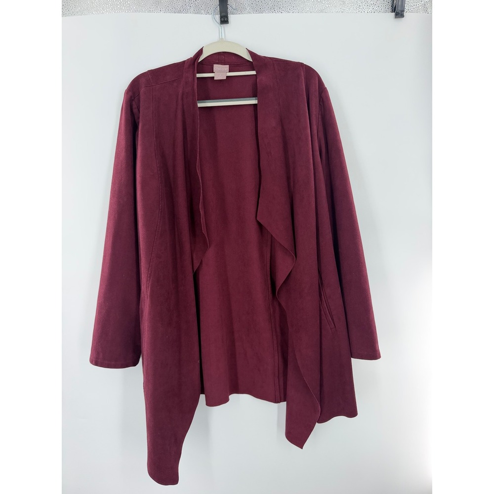 Chicos Faux Suede Open Front Draped Waterfall Cardigan Jacket Burgundy Size 2 L